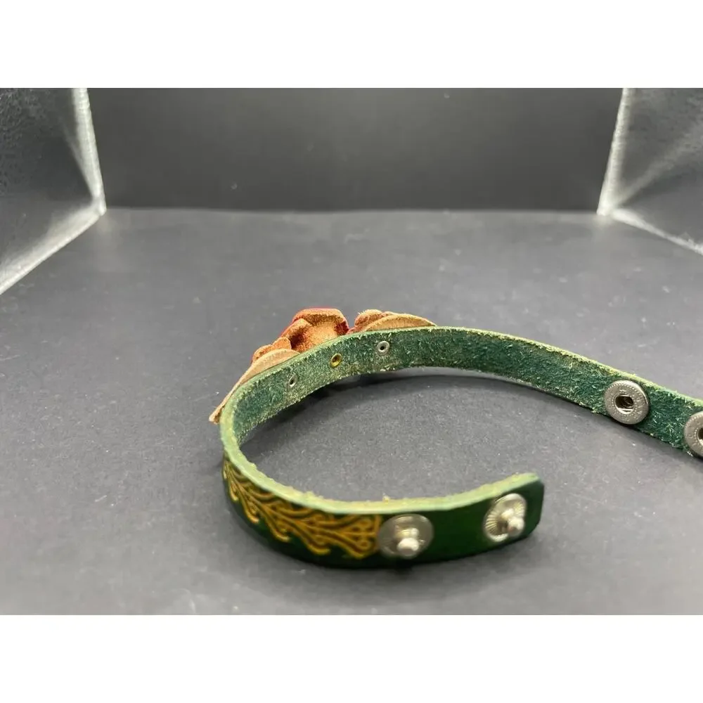 Vintage Guang Tong Signed Bohemian Leather Flower Bracelet With Snap